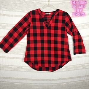 Meiling Red Black Plaid Long Sleeve Tunic Top Women’s Size M